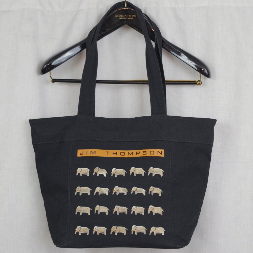 Jim Thompson Elephant Print Black Canvas Zip Top Tote Bag